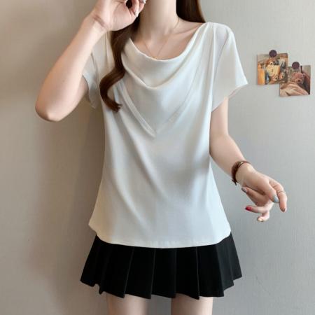 BY12599# 大码女装微胖mm夏季设计感荡领正肩上衣简约百搭显瘦短袖T桖 服裝批發女裝批發服飾貨源