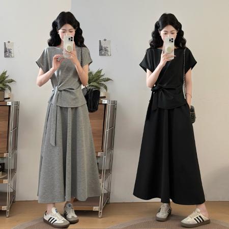 BY12601# 大码女装胖mm夏季一字领系带蝴蝶结短袖上衣休闲半身裙两件套 服裝批發女裝批發服飾貨源