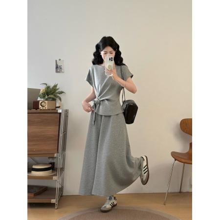 BY12601# 大码女装胖mm夏季一字领系带蝴蝶结短袖上衣休闲半身裙两件套 服裝批發女裝批發服飾貨源