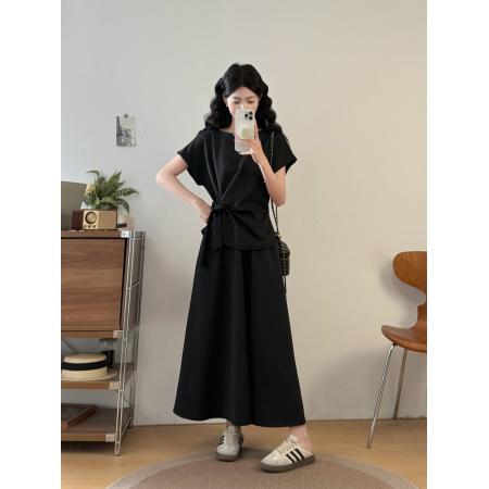 BY12601# 大码女装胖mm夏季一字领系带蝴蝶结短袖上衣休闲半身裙两件套 服裝批發女裝批發服飾貨源