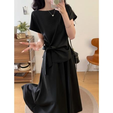 BY12601# 大码女装胖mm夏季一字领系带蝴蝶结短袖上衣休闲半身裙两件套 服裝批發女裝批發服飾貨源