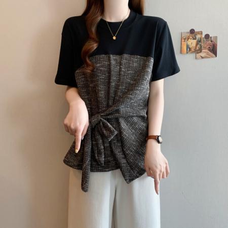 BY12603# 大码胖MM夏季复设计感拼接不对称系带收腰显瘦短袖上衣 服裝批發女裝批發服飾貨源