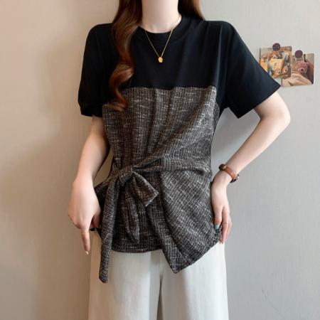 BY12603# 大码胖MM夏季复设计感拼接不对称系带收腰显瘦短袖上衣 服裝批發女裝批發服飾貨源