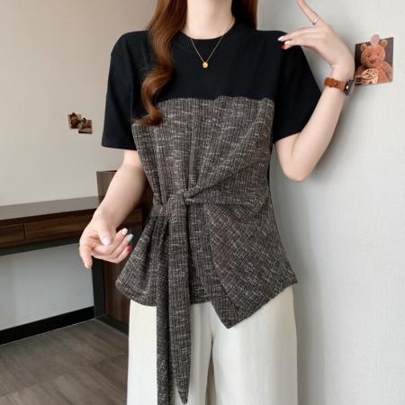 BY12603# 大码胖MM夏季复设计感拼接不对称系带收腰显瘦短袖上衣 服裝批發女裝批發服飾貨源