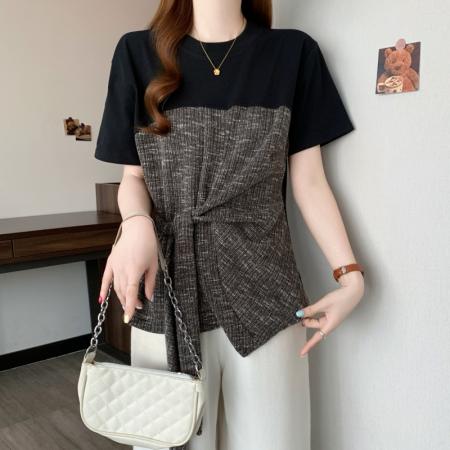 BY12603# 大码胖MM夏季复设计感拼接不对称系带收腰显瘦短袖上衣 服裝批發女裝批發服飾貨源