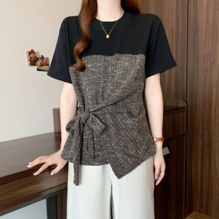 BY12603# 大码胖MM夏季复设计感拼接不对称系带收腰显瘦短袖上衣 服裝批發女裝批發服飾貨源