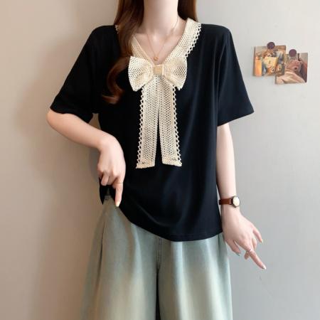 大码胖MM夏季新款设计感韩系蕾丝蝴蝶结V领显瘦短袖上衣 服裝批發女裝批發服飾貨源