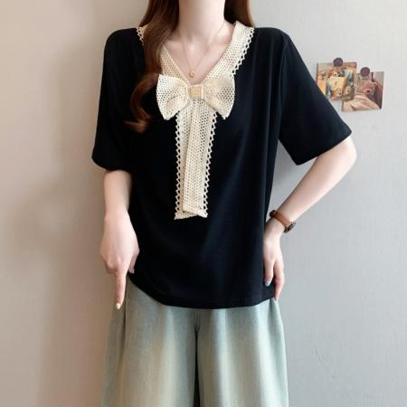 BY12604# 大码胖MM夏季新款设计感韩系蕾丝蝴蝶结V领显瘦短袖上衣 服裝批發女裝批發服飾貨源