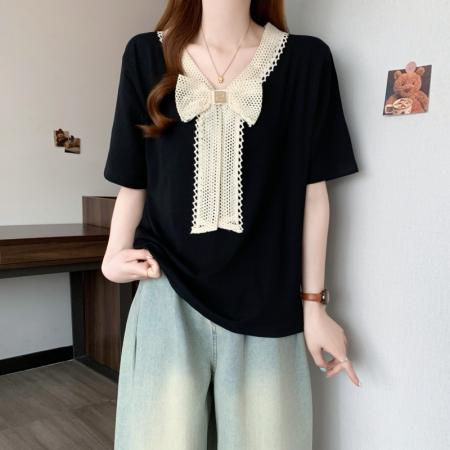 BY12604# 大码胖MM夏季新款设计感韩系蕾丝蝴蝶结V领显瘦短袖上衣 服裝批發女裝批發服飾貨源