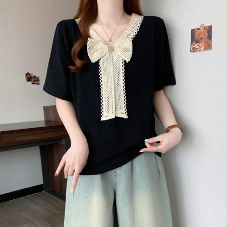BY12604# 大码胖MM夏季新款设计感韩系蕾丝蝴蝶结V领显瘦短袖上衣 服裝批發女裝批發服飾貨源