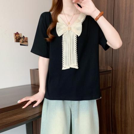BY12604# 大码胖MM夏季新款设计感韩系蕾丝蝴蝶结V领显瘦短袖上衣 服裝批發女裝批發服飾貨源