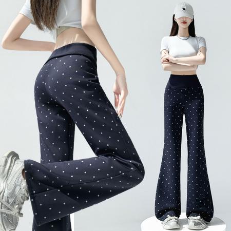 BY12605# 网红翻边波点微喇裤女夏款高腰修身显瘦垂感休闲喇叭拖地裤 服裝批發女裝批發服飾貨源