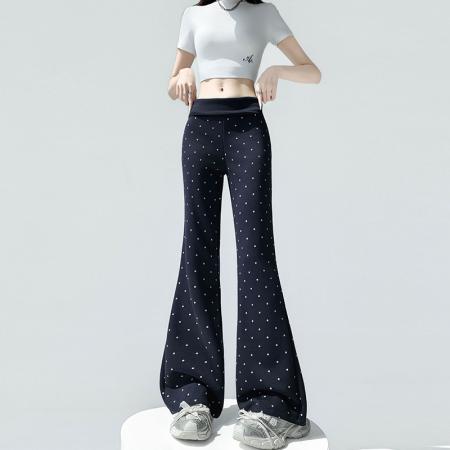 BY12605# 网红翻边波点微喇裤女夏款高腰修身显瘦垂感休闲喇叭拖地裤 服裝批發女裝批發服飾貨源