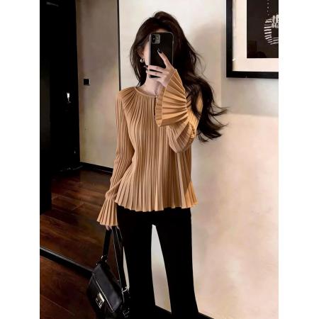 BY12606# 喇叭袖设计感圆领深驼色上衣春季女装新款洋气别致百搭小衫 服裝批發女裝批發服飾貨源