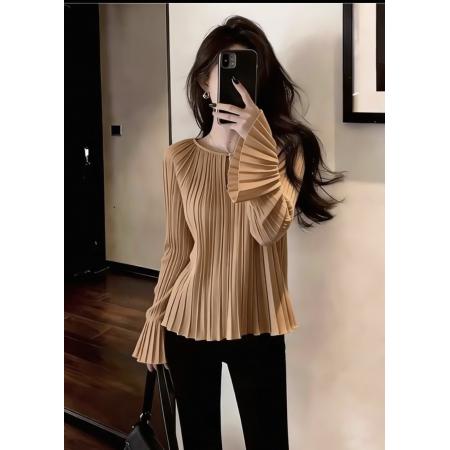 BY12606# 喇叭袖设计感圆领深驼色上衣春季女装新款洋气别致百搭小衫 服裝批發女裝批發服飾貨源