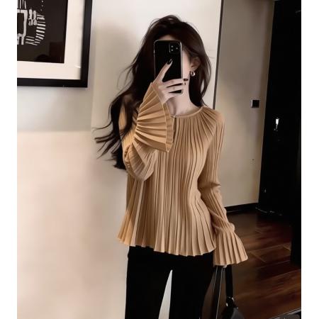 BY12606# 喇叭袖设计感圆领深驼色上衣春季女装新款洋气别致百搭小衫 服裝批發女裝批發服飾貨源