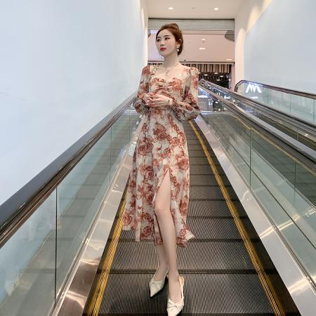 BY12607# 微胖MM春秋大码法式玫瑰印花连衣裙女设计感收腰显瘦碎花长裙子 服裝批發女裝批發服飾貨源