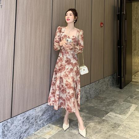 BY12607# 微胖MM春秋大码法式玫瑰印花连衣裙女设计感收腰显瘦碎花长裙子 服裝批發女裝批發服飾貨源
