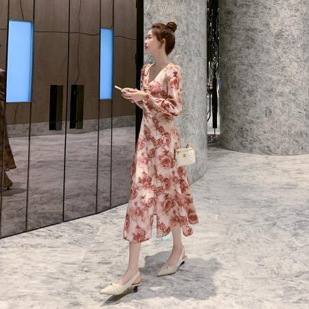 BY12607# 微胖MM春秋大码法式玫瑰印花连衣裙女设计感收腰显瘦碎花长裙子 服裝批發女裝批發服飾貨源