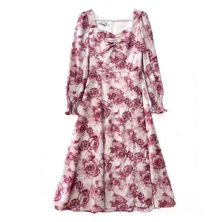 BY12607# 微胖MM春秋大码法式玫瑰印花连衣裙女设计感收腰显瘦碎花长裙子 服裝批發女裝批發服飾貨源