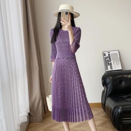 BY12610# 欧洲站春新款时尚褶皱蕾丝拼接修身显瘦连衣裙中长款百褶裙 服裝批發女裝批發服飾貨源