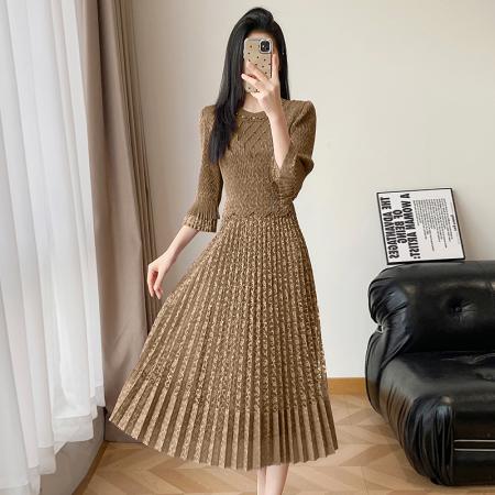 BY12610# 欧洲站春新款时尚褶皱蕾丝拼接修身显瘦连衣裙中长款百褶裙 服裝批發女裝批發服飾貨源