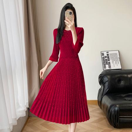 BY12610# 欧洲站春新款时尚褶皱蕾丝拼接修身显瘦连衣裙中长款百褶裙 服裝批發女裝批發服飾貨源