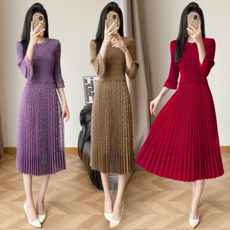 BY12610# 欧洲站春新款时尚褶皱蕾丝拼接修身显瘦连衣裙中长款百褶裙 服裝批發女裝批發服飾貨源