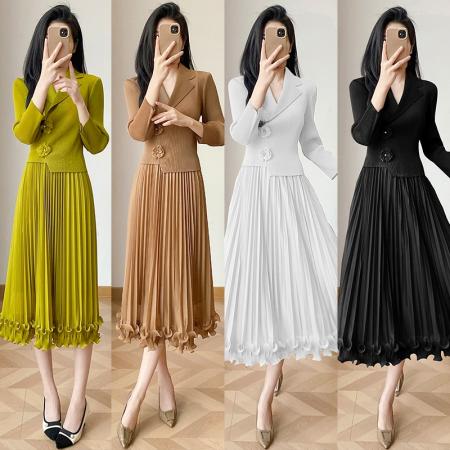 BY12611# 三宅春新款小香风收腰显瘦时尚花朵气质名媛大码木耳边连衣裙 服裝批發女裝批發服飾貨源