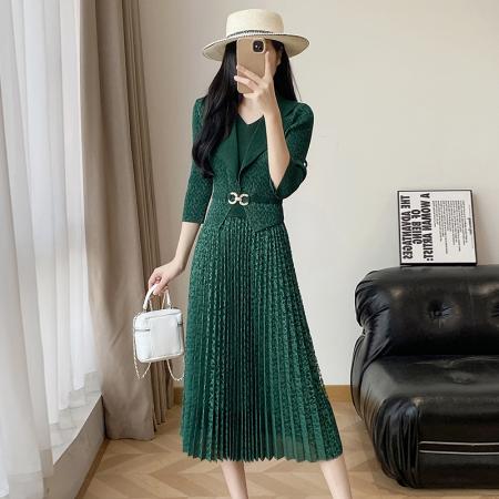 BY12612# 欧洲站春新款时尚褶皱圆领拼接修身显瘦连衣裙中长款百褶裙 服裝批發女裝批發服飾貨源