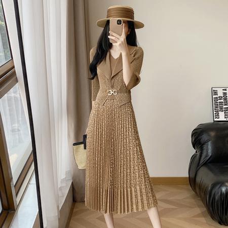 BY12612# 欧洲站春新款时尚褶皱圆领拼接修身显瘦连衣裙中长款百褶裙 服裝批發女裝批發服飾貨源