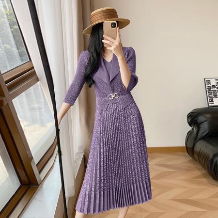 BY12612# 欧洲站春新款时尚褶皱圆领拼接修身显瘦连衣裙中长款百褶裙 服裝批發女裝批發服飾貨源