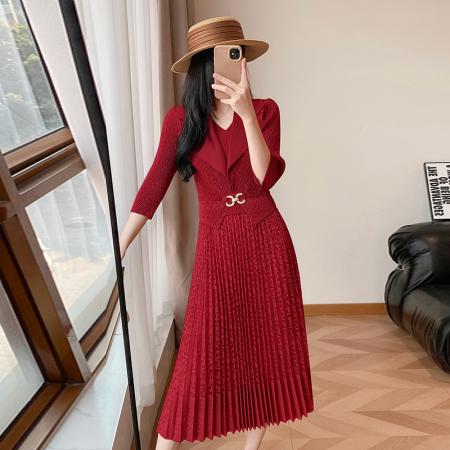 BY12612# 欧洲站春新款时尚褶皱圆领拼接修身显瘦连衣裙中长款百褶裙 服裝批發女裝批發服飾貨源