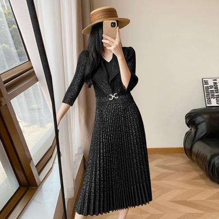 BY12612# 欧洲站春新款时尚褶皱圆领拼接修身显瘦连衣裙中长款百褶裙 服裝批發女裝批發服飾貨源