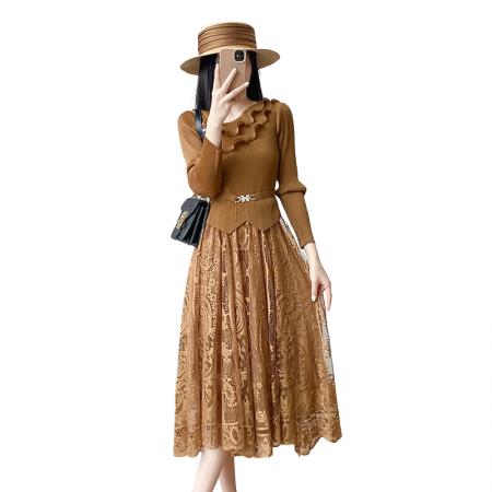 BY12613# 欧美高端褶皱拼接立体花朵斜领连衣裙女收腰蕾丝大摆优雅中长裙子 服裝批發女裝批發服飾貨源