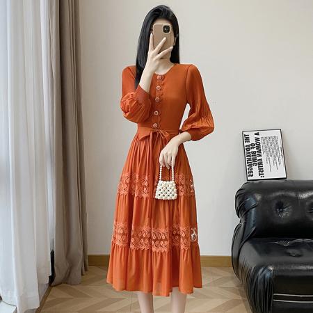 BY12615# 韩版通勤黄色蕾丝镂空刺绣连衣裙女长袖高腰A字裙大摆气质显瘦 服裝批發女裝批發服飾貨源