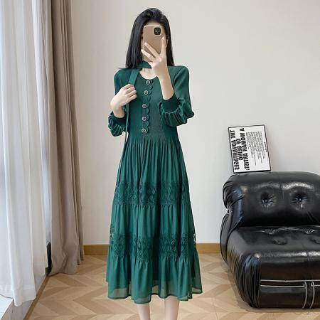 BY12615# 韩版通勤黄色蕾丝镂空刺绣连衣裙女长袖高腰A字裙大摆气质显瘦 服裝批發女裝批發服飾貨源