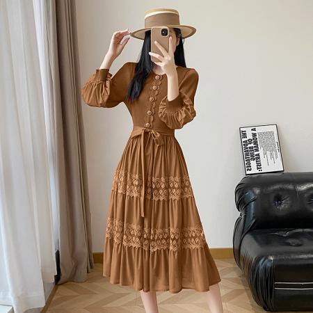 BY12615# 韩版通勤黄色蕾丝镂空刺绣连衣裙女长袖高腰A字裙大摆气质显瘦 服裝批發女裝批發服飾貨源