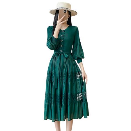 BY12615# 韩版通勤黄色蕾丝镂空刺绣连衣裙女长袖高腰A字裙大摆气质显瘦 服裝批發女裝批發服飾貨源