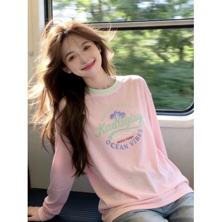 BY12616# 韩系chic粉色印花圆领罩衫上衣女春季穿搭设计感漂亮正肩长袖t恤 服裝批發女裝批發服飾貨源