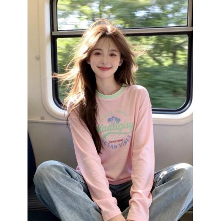 BY12616# 韩系chic粉色印花圆领罩衫上衣女春季穿搭设计感漂亮正肩长袖t恤 服裝批發女裝批發服飾貨源