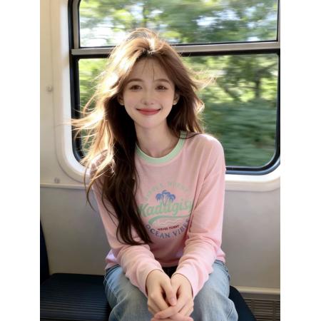 BY12616# 韩系chic粉色印花圆领罩衫上衣女春季穿搭设计感漂亮正肩长袖t恤 服裝批發女裝批發服飾貨源