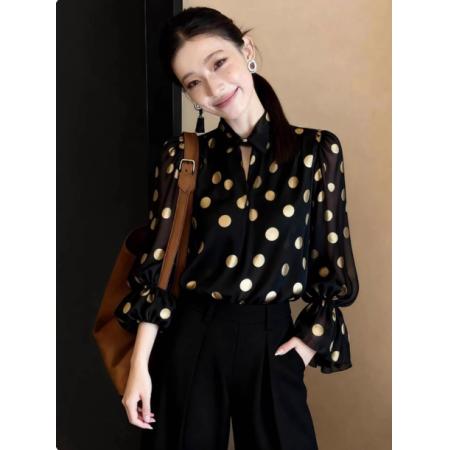 BY12617# 春季新款法式百搭通勤风轻奢巨好看气质黑色波点衬衫女装 服裝批發女裝批發服飾貨源