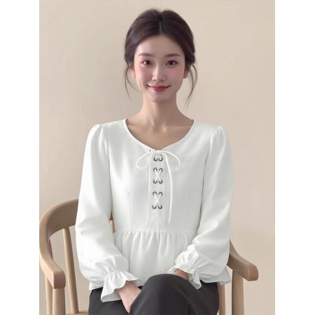 BY12619# 26减龄白色圆领系带喇叭袖荷叶边上衣女春独特漂亮气质衬衫 服裝批發女裝批發服飾貨源