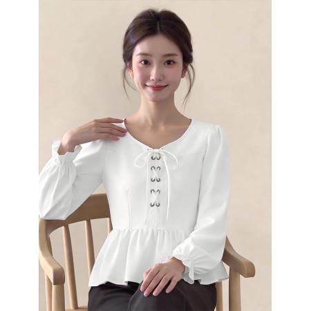 BY12619# 26减龄白色圆领系带喇叭袖荷叶边上衣女春独特漂亮气质衬衫 服裝批發女裝批發服飾貨源