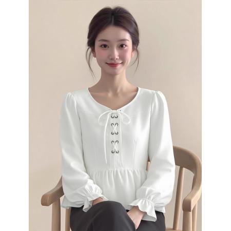 BY12619# 26减龄白色圆领系带喇叭袖荷叶边上衣女春独特漂亮气质衬衫 服裝批發女裝批發服飾貨源