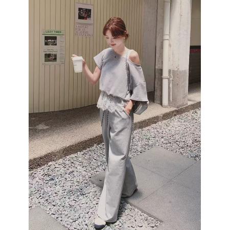 BY12620# 新款假两件上衣蕾丝阔腿裤套装时尚休闲百搭通勤日常 服裝批發女裝批發服飾貨源