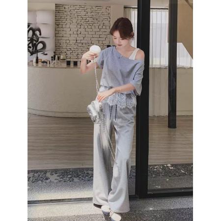 BY12620# 新款假两件上衣蕾丝阔腿裤套装时尚休闲百搭通勤日常 服裝批發女裝批發服飾貨源