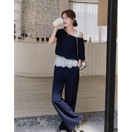 BY12620# 新款假两件上衣蕾丝阔腿裤套装时尚休闲百搭通勤日常 服裝批發女裝批發服飾貨源