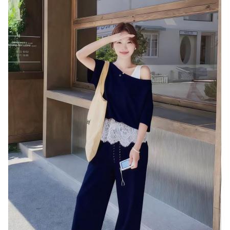 BY12620# 新款假两件上衣蕾丝阔腿裤套装时尚休闲百搭通勤日常 服裝批發女裝批發服飾貨源